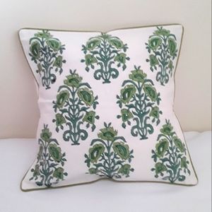 COTTON GREEN FLORAL WITH SILVER STUDS CUSHION COVER